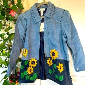 Vintage dead stock blue suede sunflower jacket